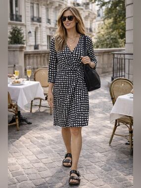 The Limited Black White Geometric Faux Wrap Dress  XS Faux Wrap 3/4 Sleeve EUC